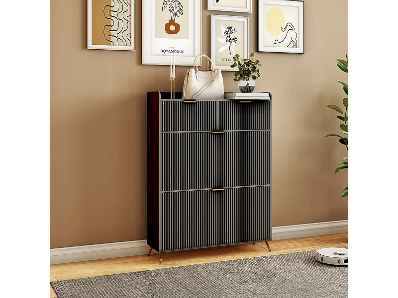 Meuble à chaussures noir avec 2 tiroirs et 2 abattants, design moderne, rangement multifonction, bois & métal, facile à assembler