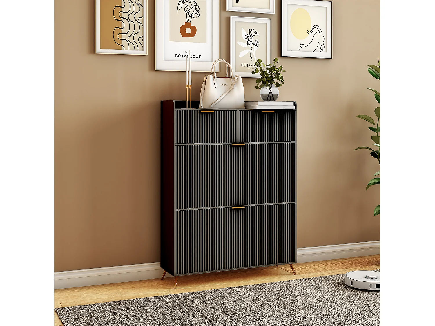 Meuble à chaussures noir avec 2 tiroirs et 2 abattants, design moderne, rangement multifonction, bois & métal, facile à assembler