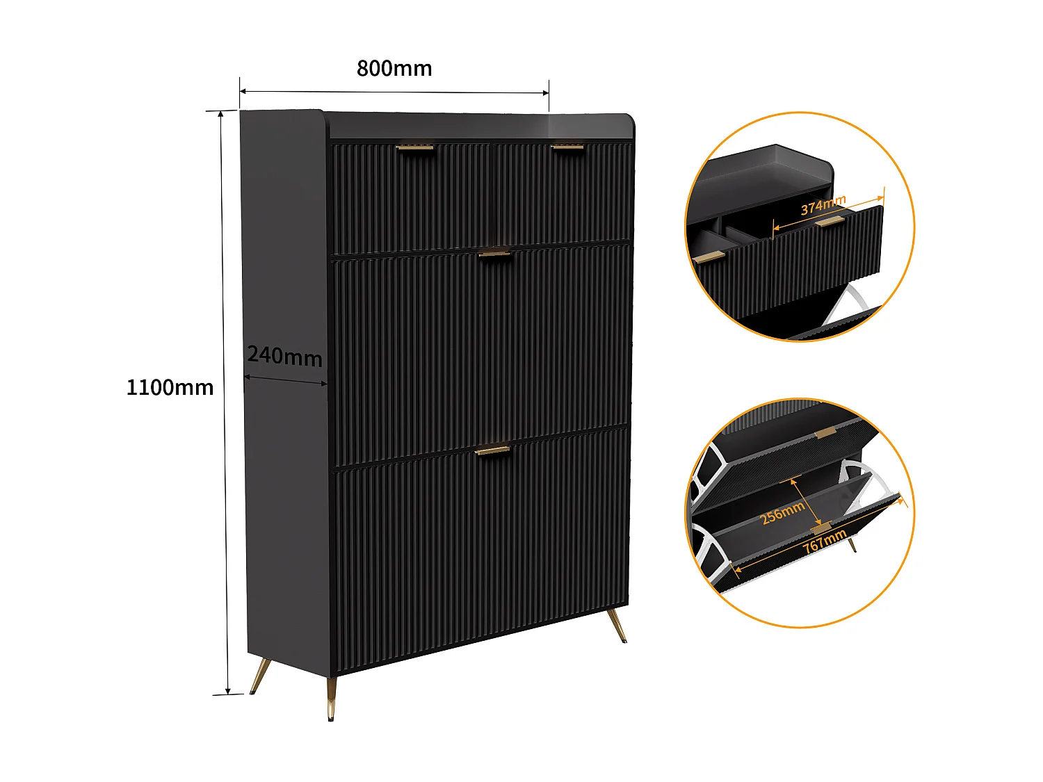 Meuble à chaussures noir avec 2 tiroirs et 2 abattants, design moderne, rangement multifonction, bois & métal, facile à assembler
