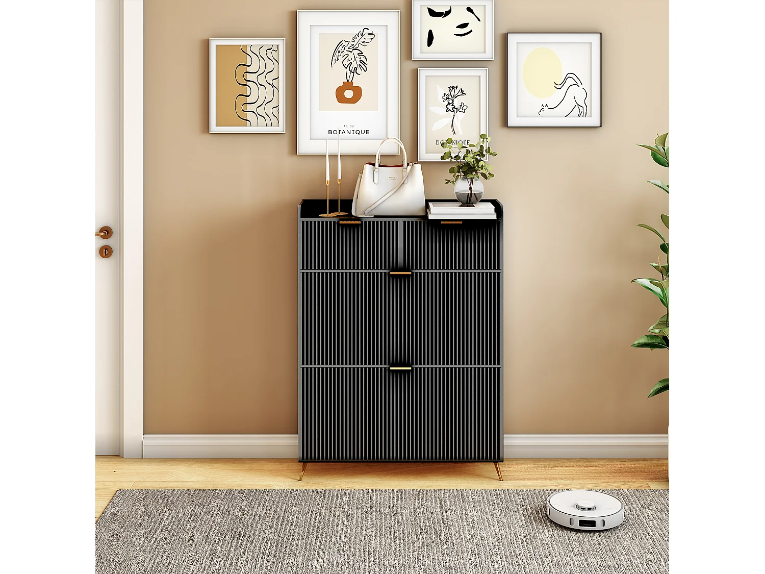 Meuble à chaussures noir avec 2 tiroirs et 2 abattants, design moderne, rangement multifonction, bois & métal, facile à assembler