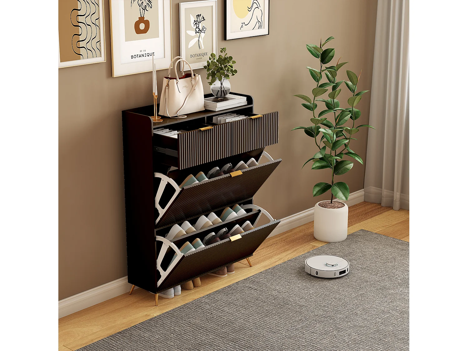 Zwarte schoenenkast met 2 lades en 2 klapdeuren, modern design, multifunctionele opbergruimte, hout & metaal, eenvoudig te monteren