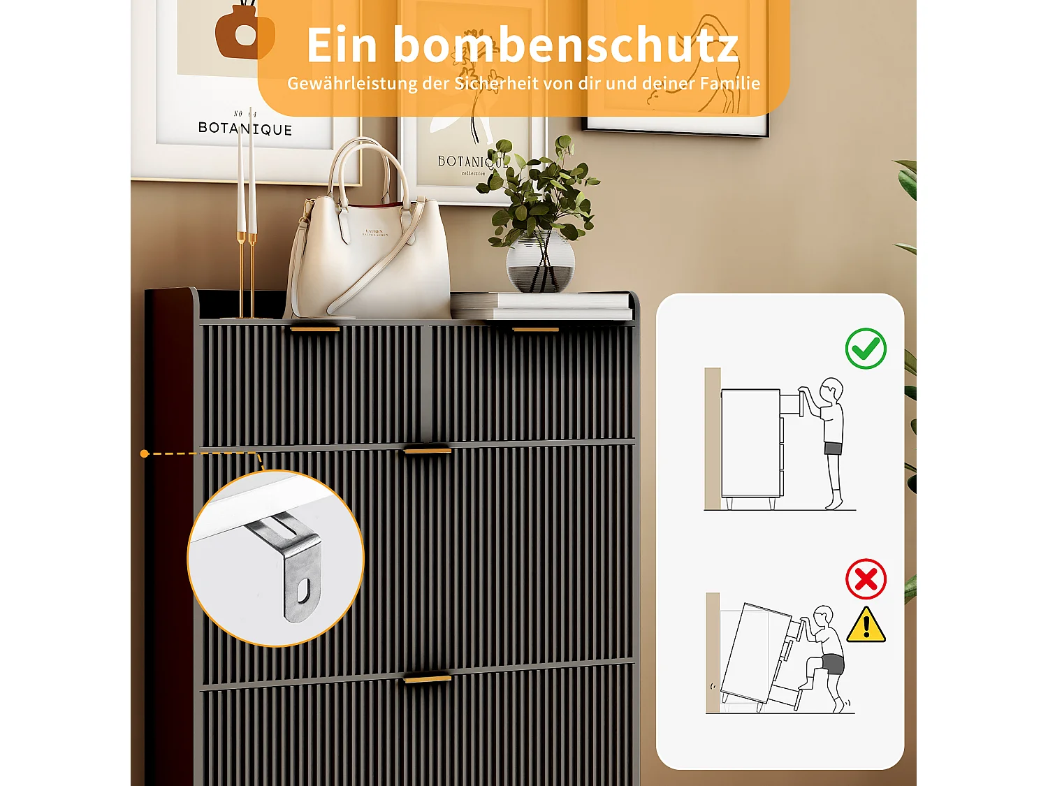 Zwarte schoenenkast met 2 lades en 2 klapdeuren, modern design, multifunctionele opbergruimte, hout & metaal, eenvoudig te monteren
