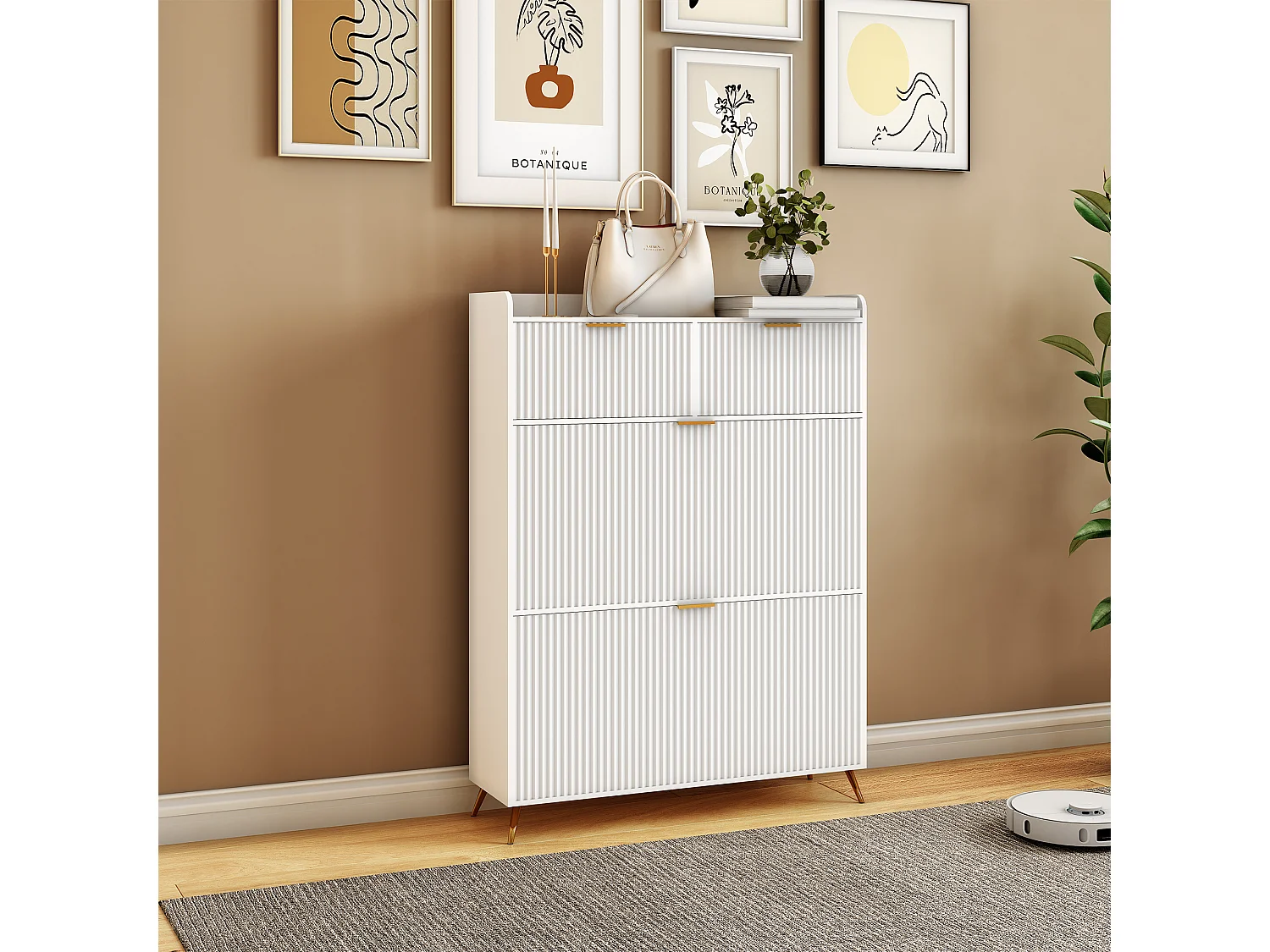 Meuble à chaussures blanc avec 2 tiroirs et 2 abattants, design moderne, rangement multifonction, bois & métal, facile à assembler