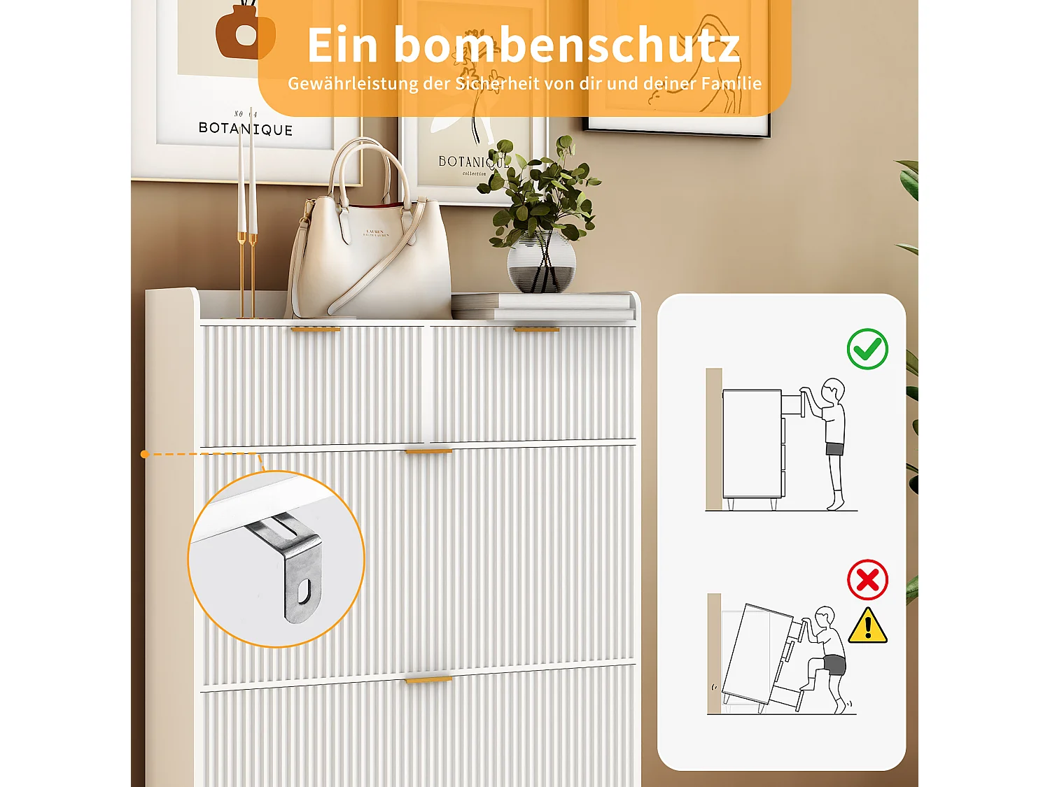 Meuble à chaussures blanc avec 2 tiroirs et 2 abattants, design moderne, rangement multifonction, bois & métal, facile à assembler