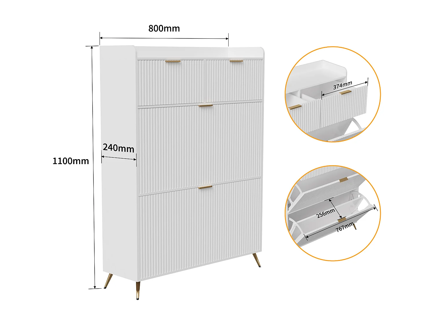 Meuble à chaussures blanc avec 2 tiroirs et 2 abattants, design moderne, rangement multifonction, bois & métal, facile à assembler