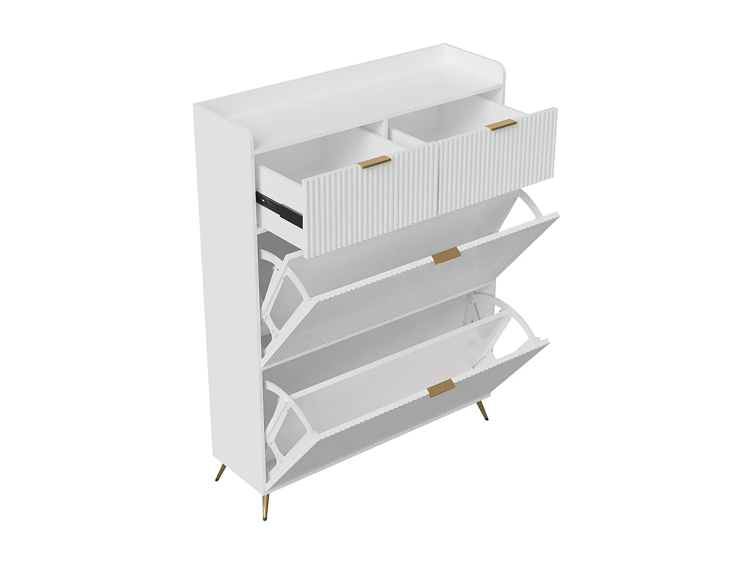 Meuble à chaussures blanc avec 2 tiroirs et 2 abattants, design moderne, rangement multifonction, bois & métal, facile à assembler