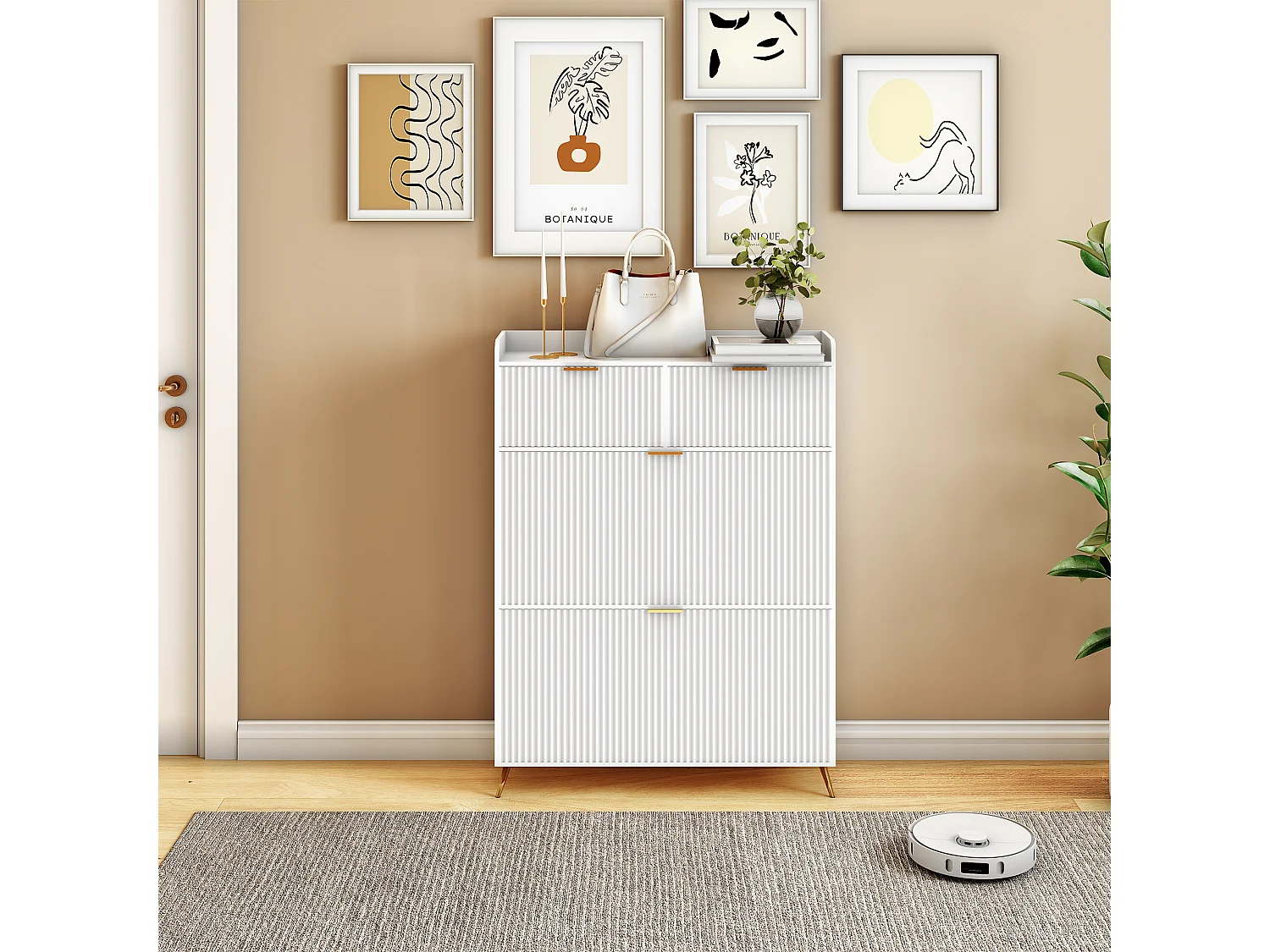 Meuble à chaussures blanc avec 2 tiroirs et 2 abattants, design moderne, rangement multifonction, bois & métal, facile à assembler