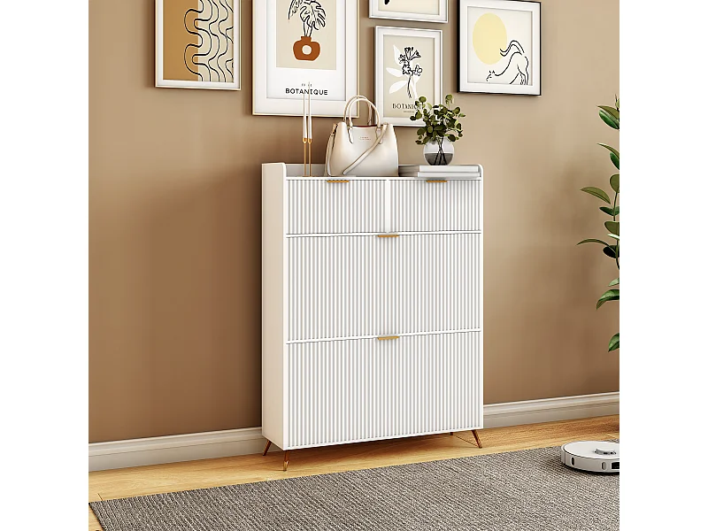 Meuble à chaussures blanc avec 2 tiroirs et 2 abattants, design moderne, rangement multifonction, bois & métal, facile à assembler