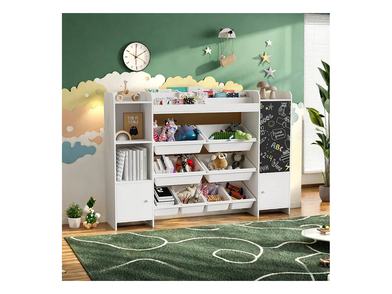 Bibliothèque enfant, Étagère à 4 Niveaux avec 5 Compartiments et 8 Bacs Amovibles, pour Chambre Salon Salle de Jeu, Blanc