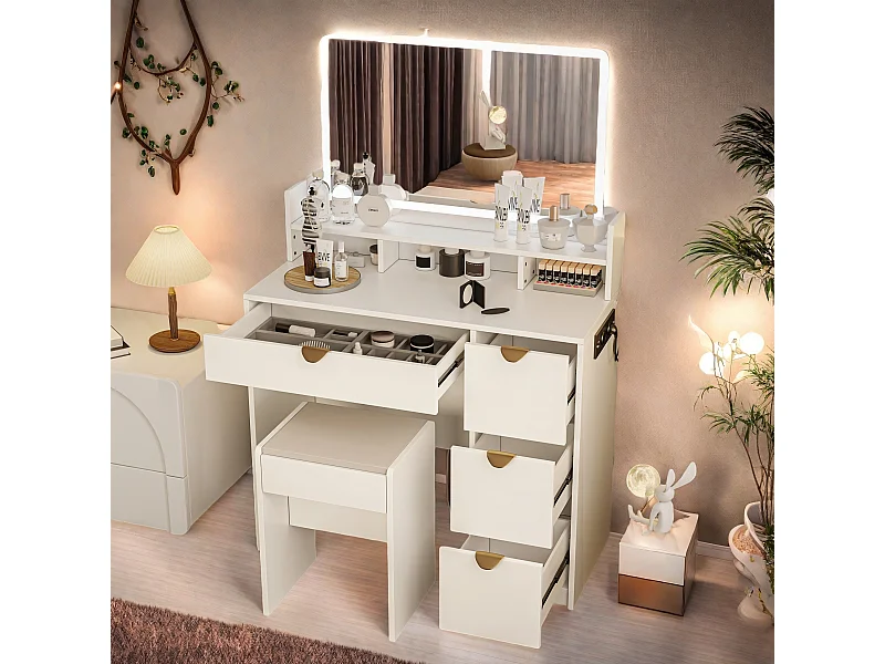 Witte multifunctionele kaptafel met USB-aansluiting en LED, spiegel, kruk, 4 lades, 3 compartimenten en standaard, moderne ladekast