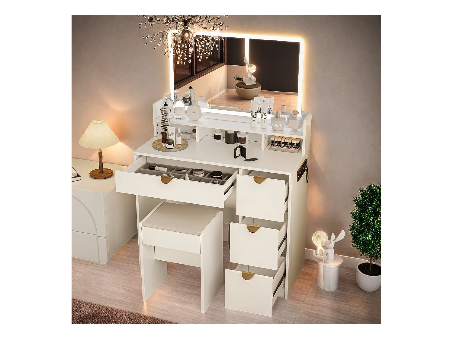 Witte multifunctionele kaptafel met USB-aansluiting en LED, spiegel, kruk, 4 lades, 3 compartimenten en standaard, moderne ladekast