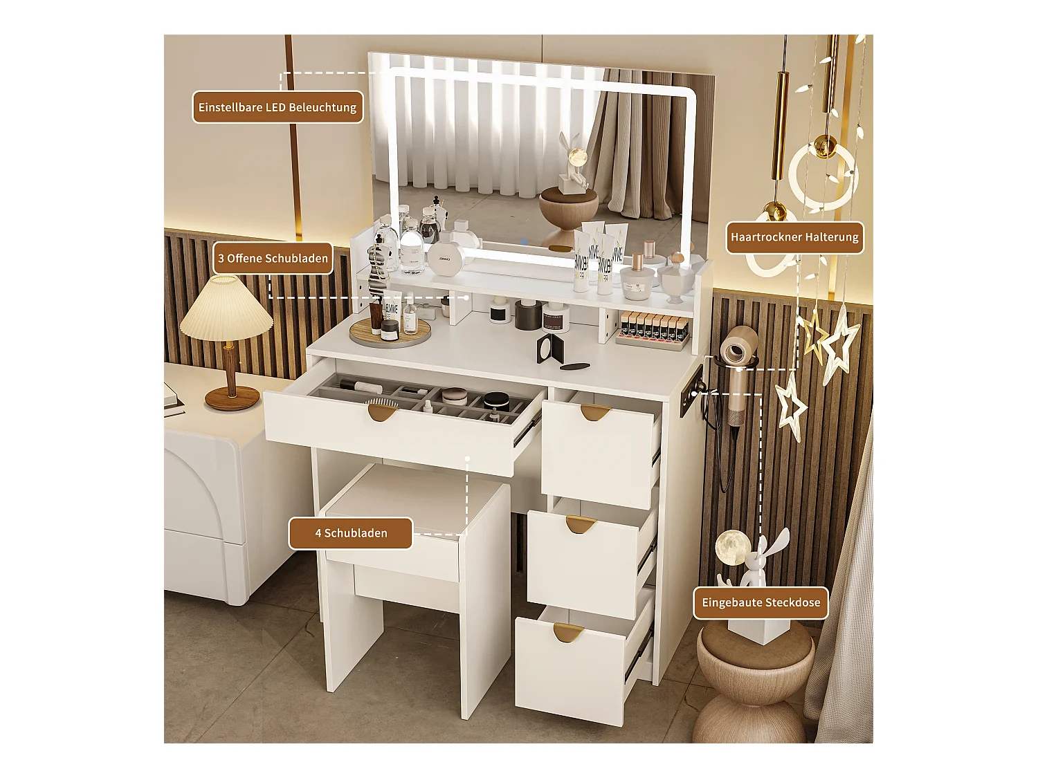 Witte multifunctionele kaptafel met USB-aansluiting en LED, spiegel, kruk, 4 lades, 3 compartimenten en standaard, moderne ladekast