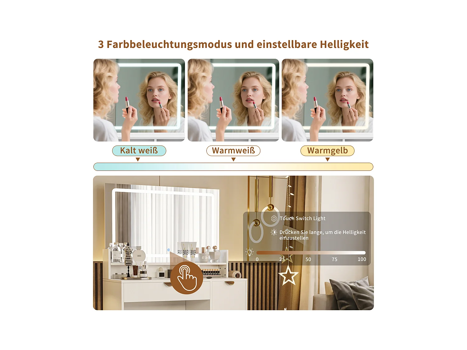 Witte multifunctionele kaptafel met USB-aansluiting en LED, spiegel, kruk, 4 lades, 3 compartimenten en standaard, moderne ladekast