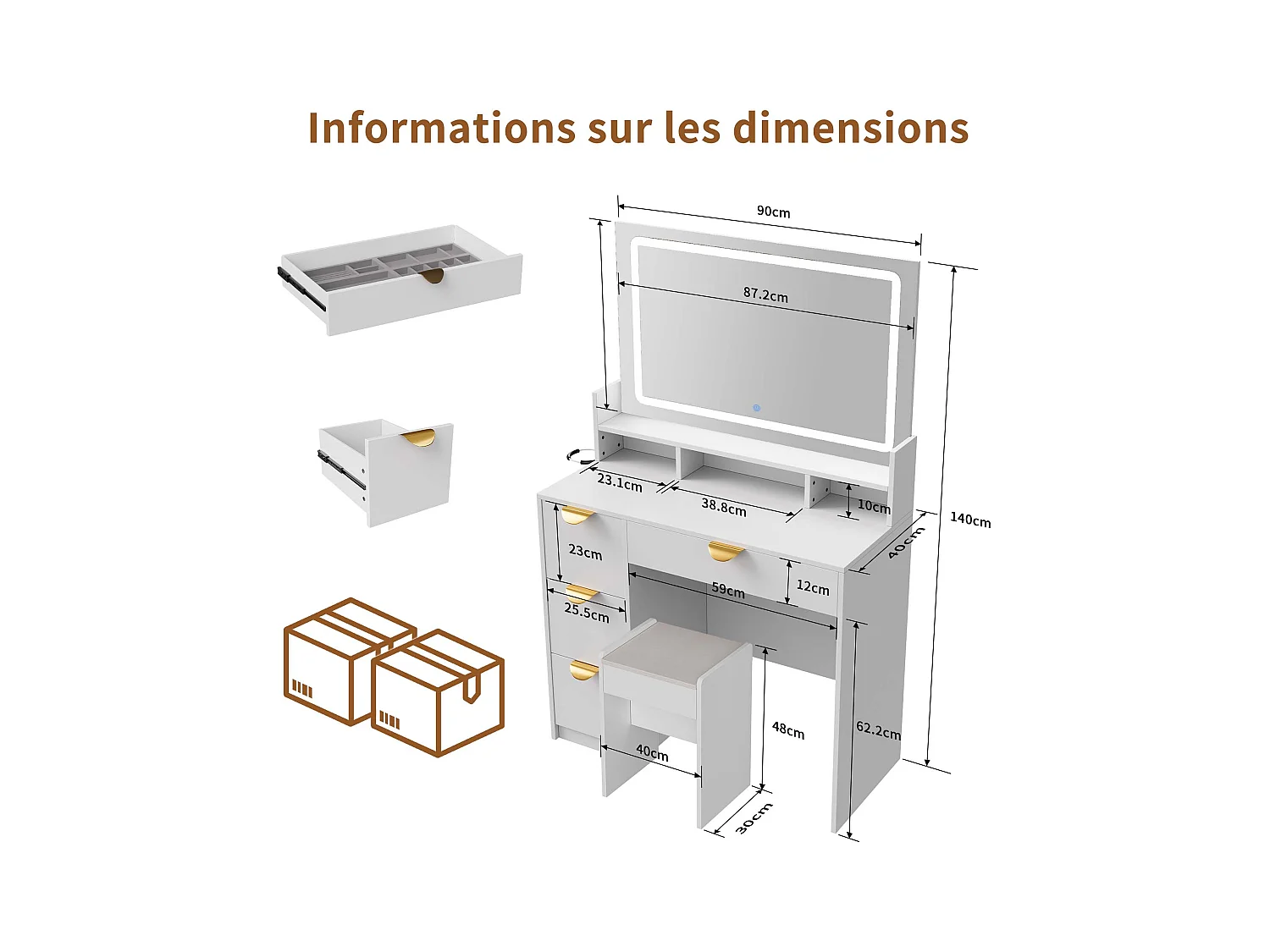 Witte multifunctionele kaptafel met USB-aansluiting en LED, spiegel, kruk, 4 lades, 3 compartimenten en standaard, moderne ladekast