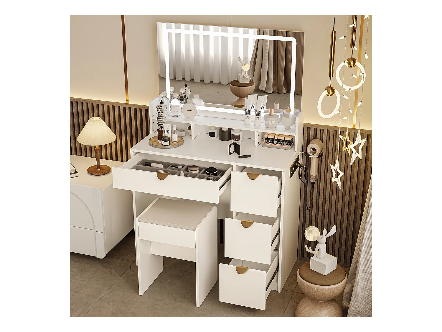 Witte multifunctionele kaptafel met USB-aansluiting en LED, spiegel, kruk, 4 lades, 3 compartimenten en standaard, moderne ladekast