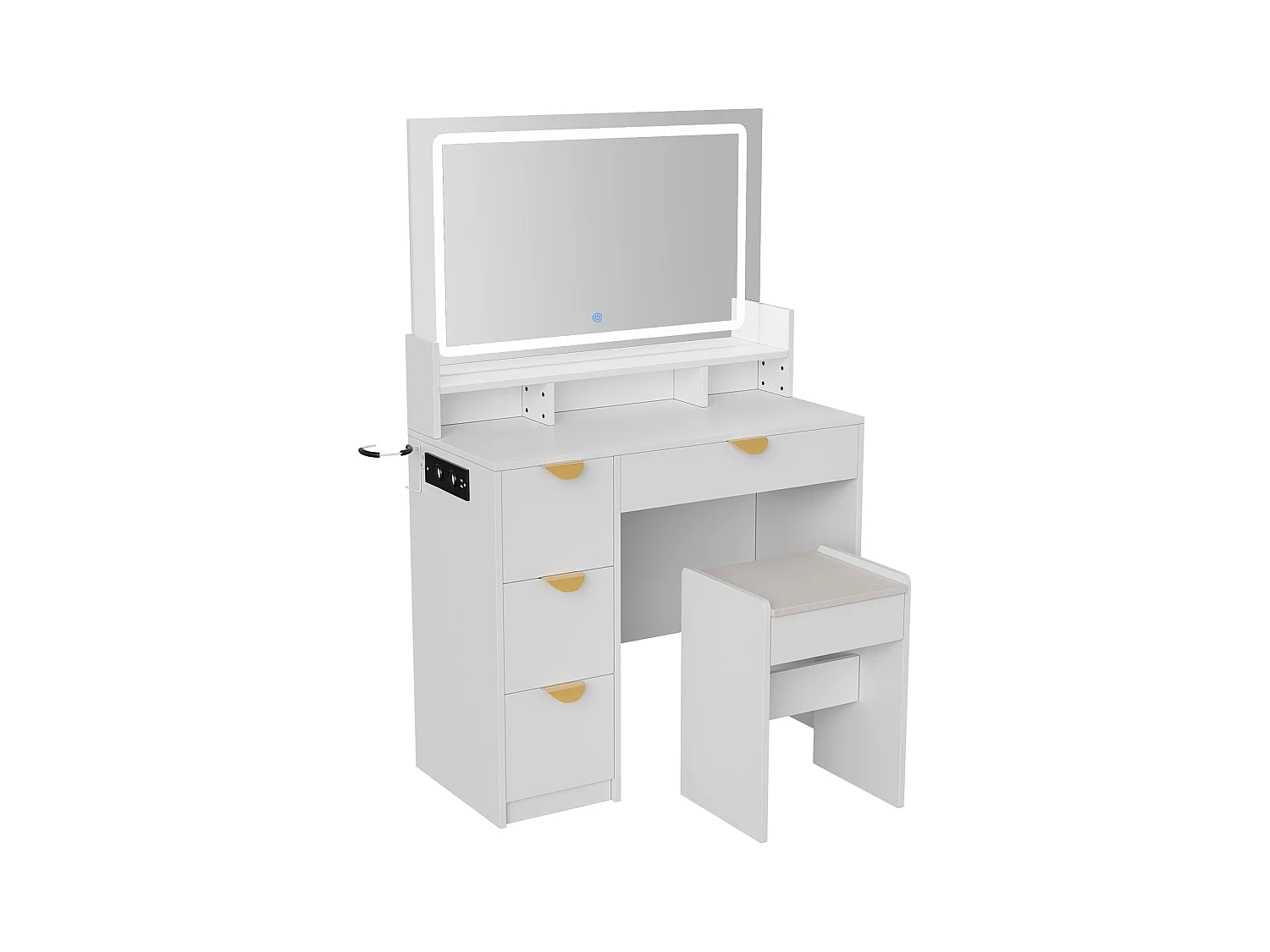 Witte multifunctionele kaptafel met USB-aansluiting en LED, spiegel, kruk, 4 lades, 3 compartimenten en standaard, moderne ladekast