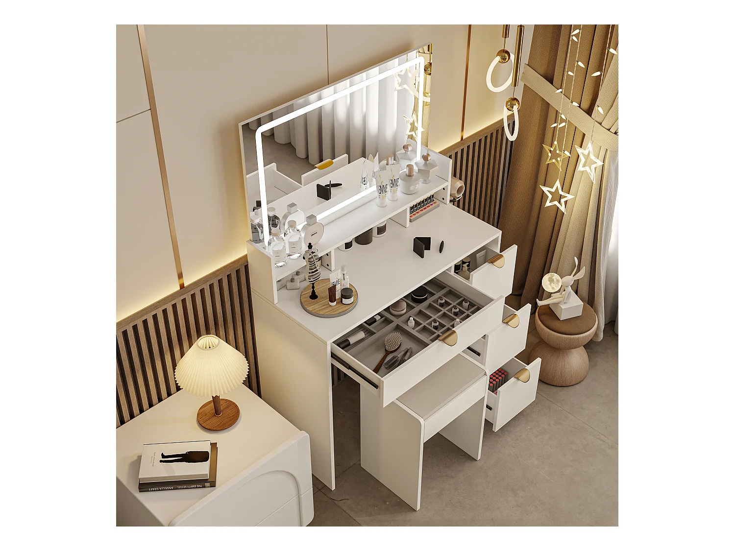 Witte multifunctionele kaptafel met USB-aansluiting en LED, spiegel, kruk, 4 lades, 3 compartimenten en standaard, moderne ladekast