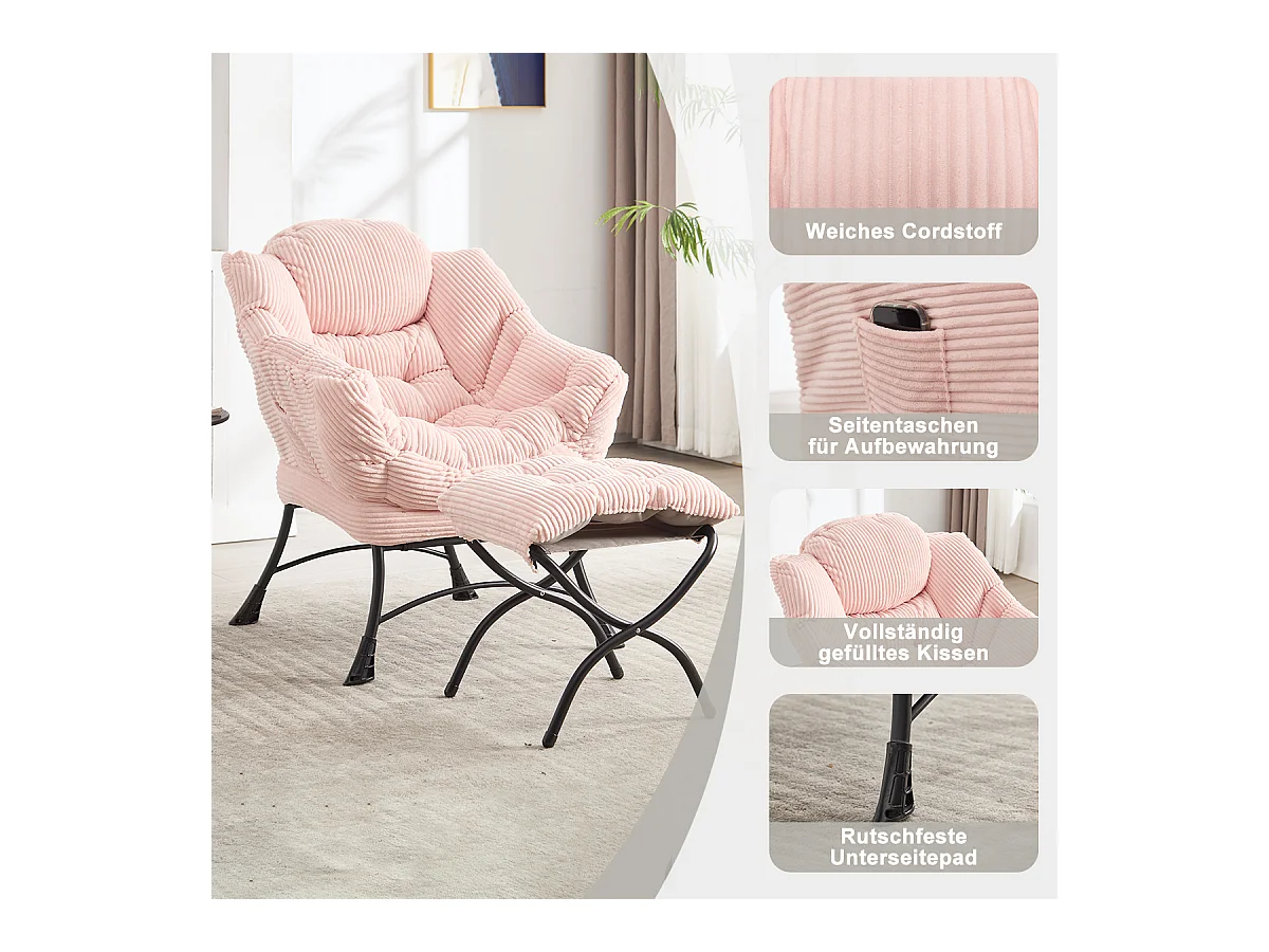 Fauteuil en velours côtelé rose - Repose-pieds pratique - Poche latérale pour téléphone - Style moelleux et spacieux - Parfait pour salon ou chambre