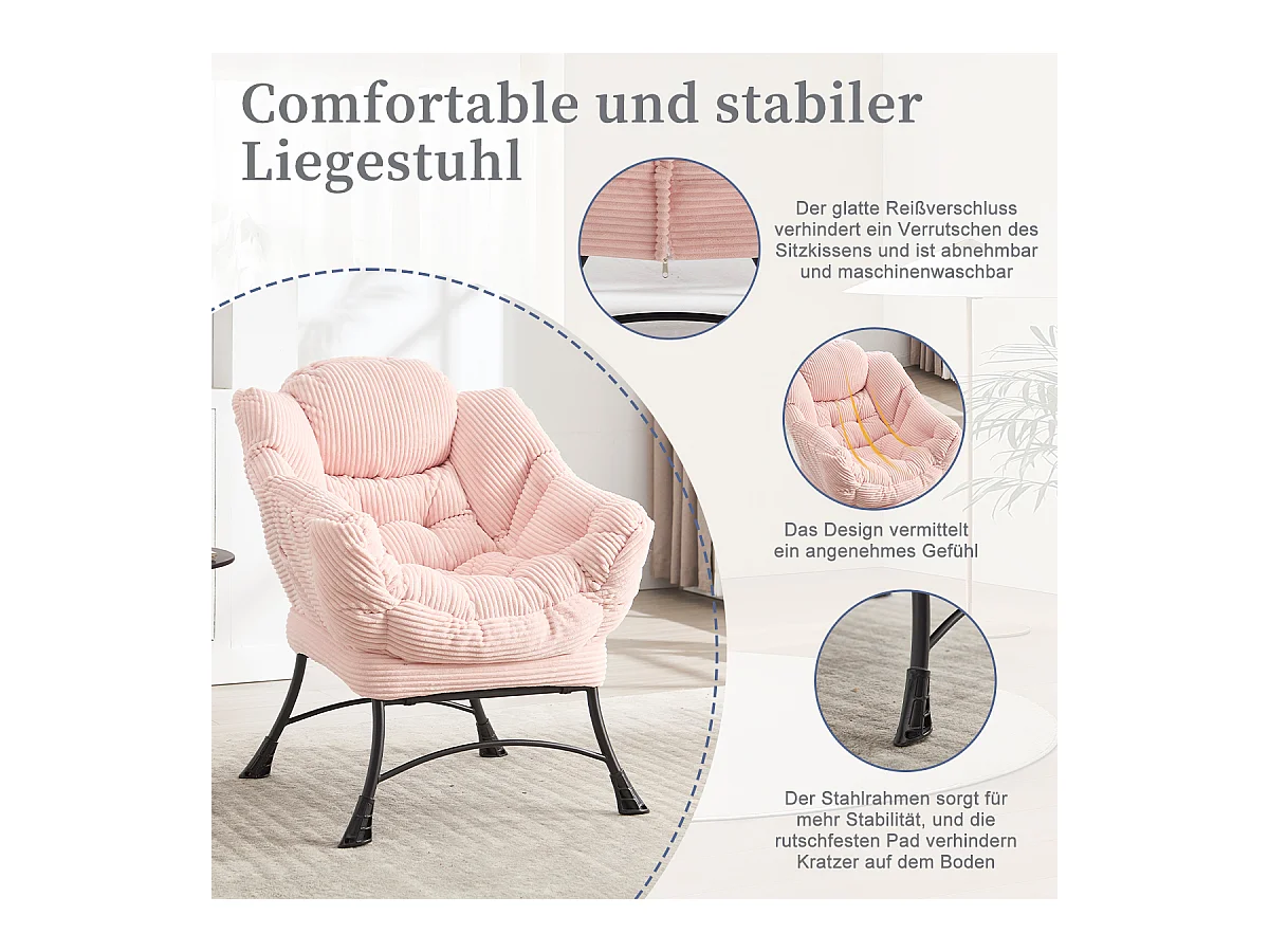 Fauteuil en velours côtelé rose - Repose-pieds pratique - Poche latérale pour téléphone - Style moelleux et spacieux - Parfait pour salon ou chambre