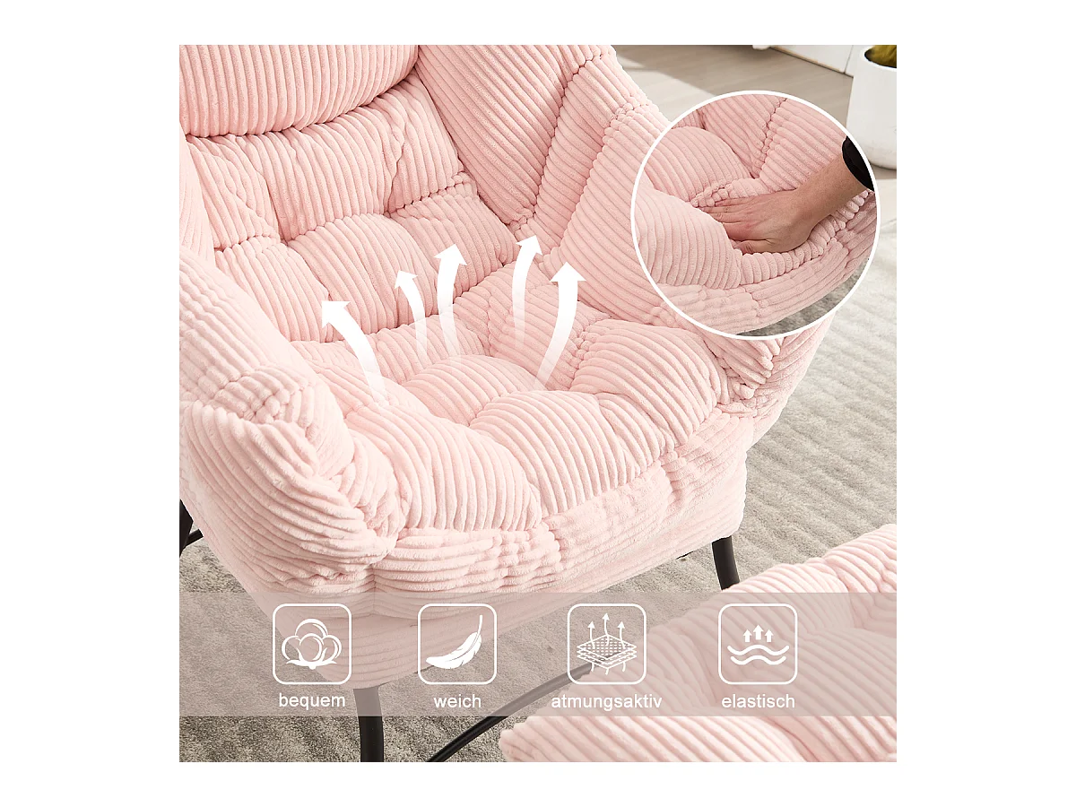 Fauteuil en velours côtelé rose - Repose-pieds pratique - Poche latérale pour téléphone - Style moelleux et spacieux - Parfait pour salon ou chambre