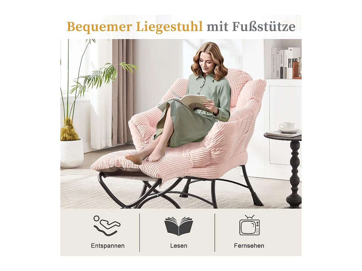 Fauteuil en velours côtelé rose - Repose-pieds pratique - Poche latérale pour téléphone - Style moelleux et spacieux - Parfait pour salon ou chambre