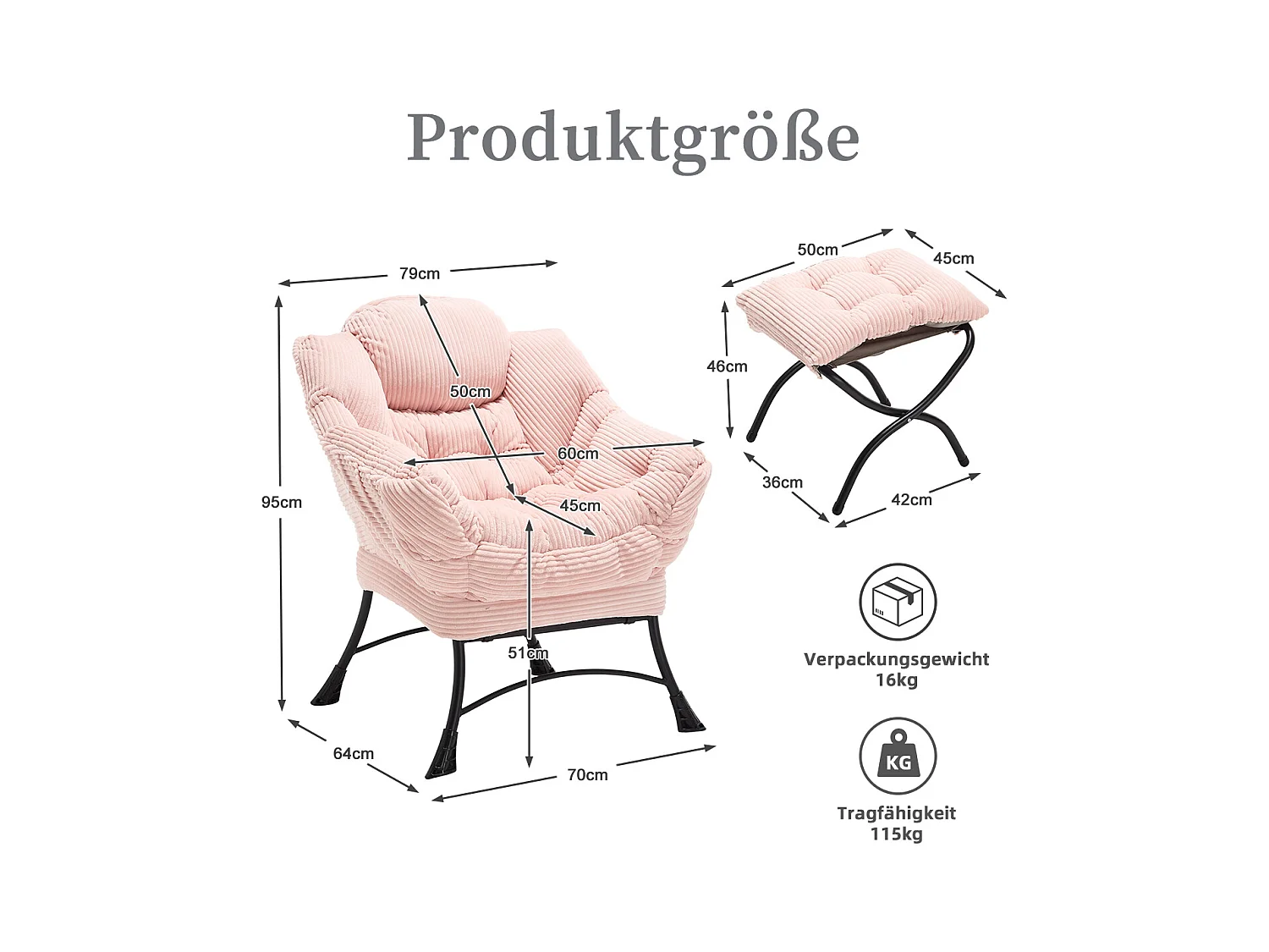 Fauteuil en velours côtelé rose - Repose-pieds pratique - Poche latérale pour téléphone - Style moelleux et spacieux - Parfait pour salon ou chambre