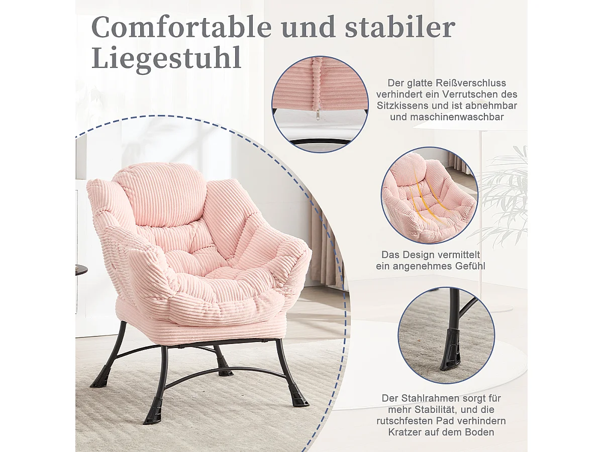 Fauteuil en velours côtelé rose - Repose-pieds pratique - Poche latérale pour téléphone - Style moelleux et spacieux - Parfait pour salon ou chambre