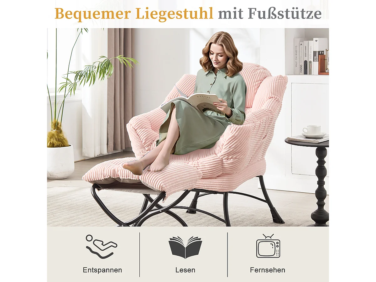 Fauteuil en velours côtelé rose - Repose-pieds pratique - Poche latérale pour téléphone - Style moelleux et spacieux - Parfait pour salon ou chambre