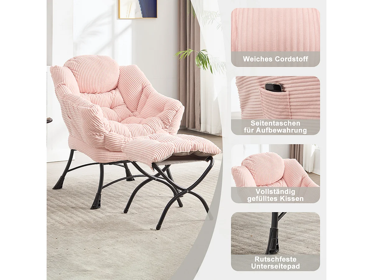 Fauteuil en velours côtelé rose - Repose-pieds pratique - Poche latérale pour téléphone - Style moelleux et spacieux - Parfait pour salon ou chambre