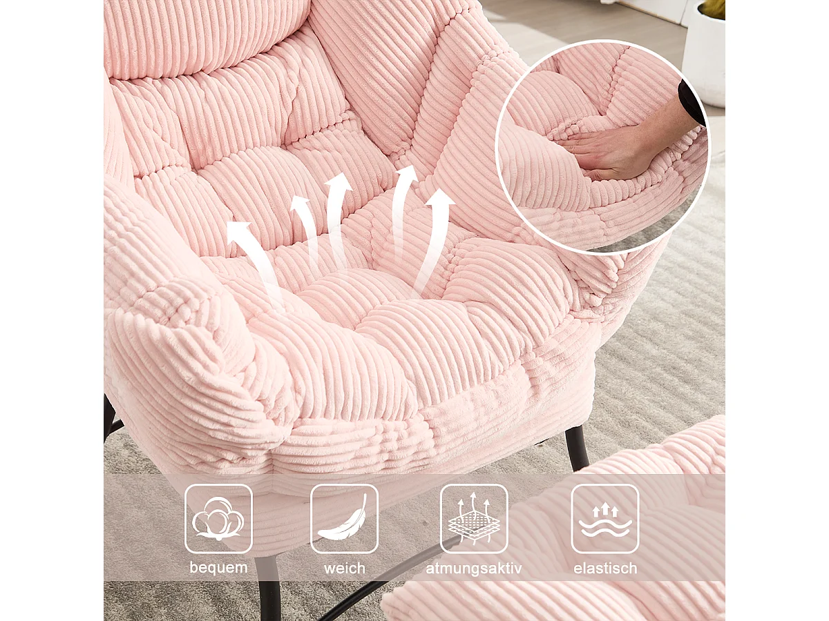 Fauteuil en velours côtelé rose - Repose-pieds pratique - Poche latérale pour téléphone - Style moelleux et spacieux - Parfait pour salon ou chambre