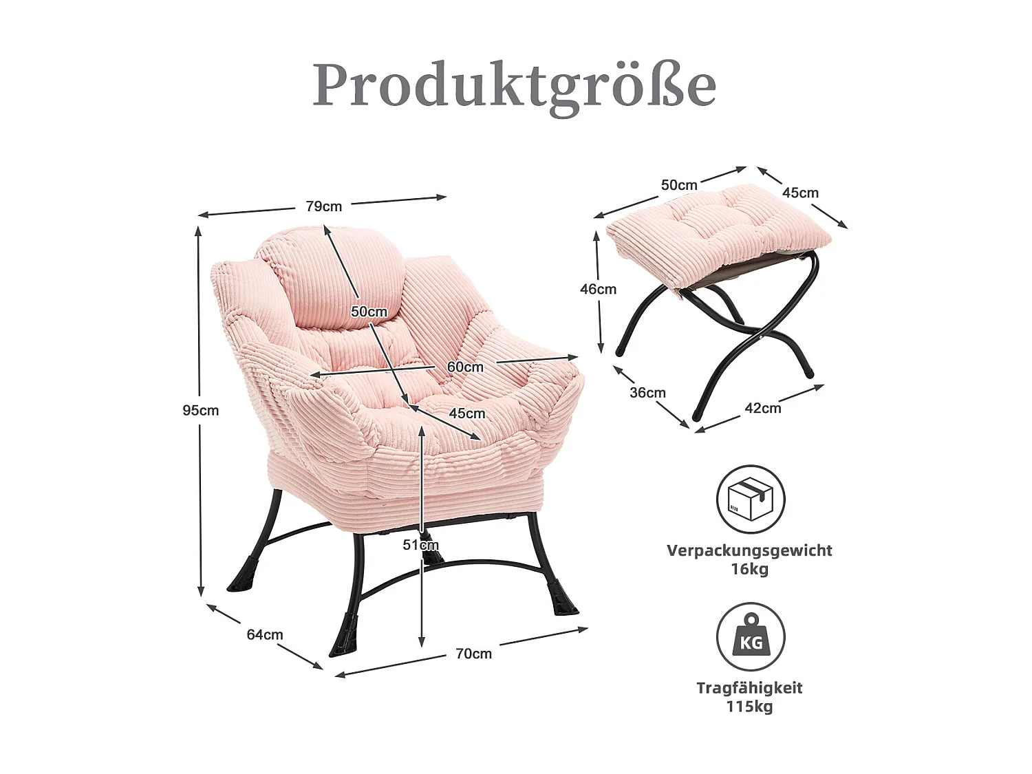 Fauteuil en velours côtelé rose - Repose-pieds pratique - Poche latérale pour téléphone - Style moelleux et spacieux - Parfait pour salon ou chambre
