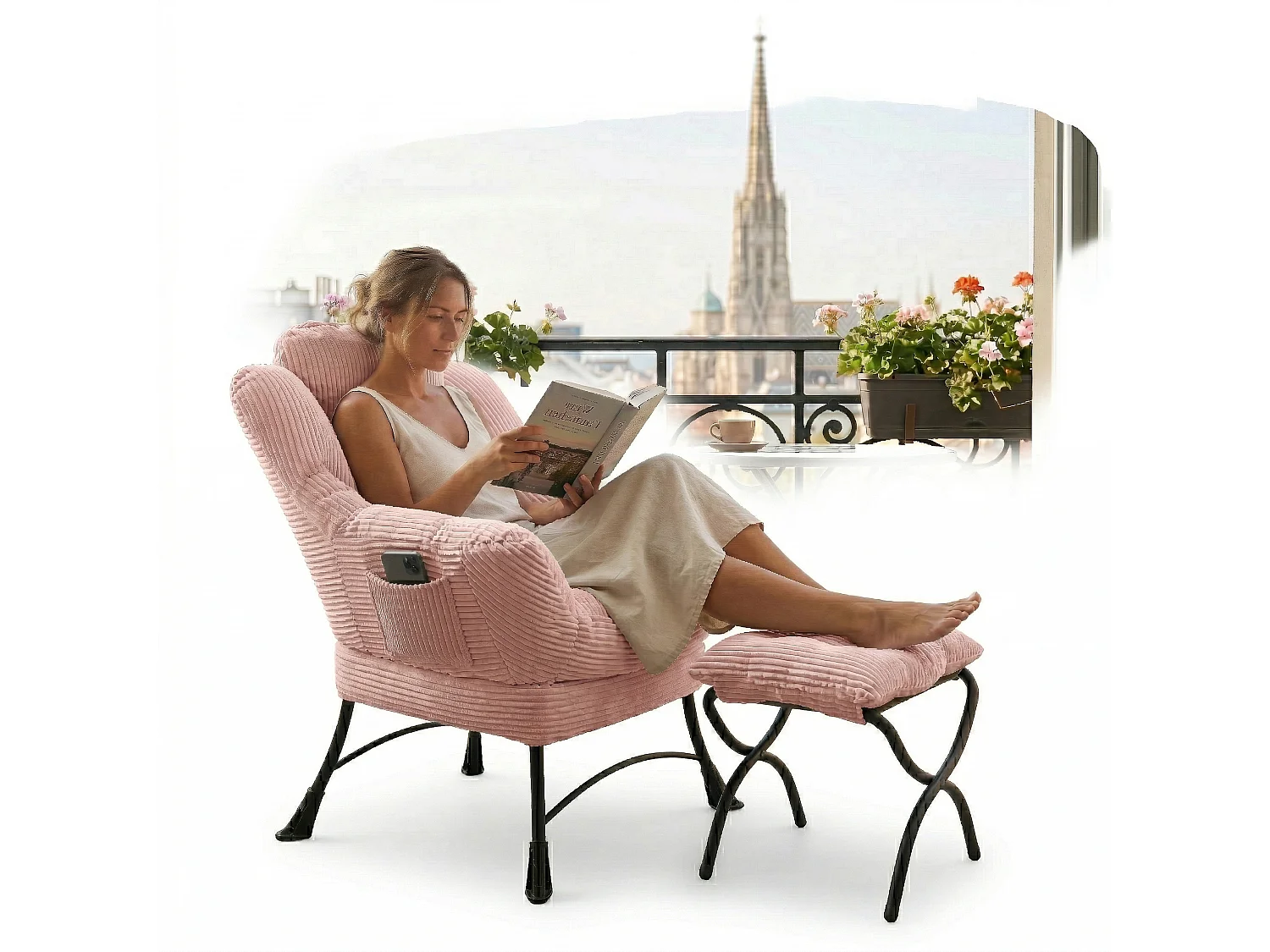 Fauteuil en velours côtelé rose - Repose-pieds pratique - Poche latérale pour téléphone - Style moelleux et spacieux - Parfait pour salon ou chambre