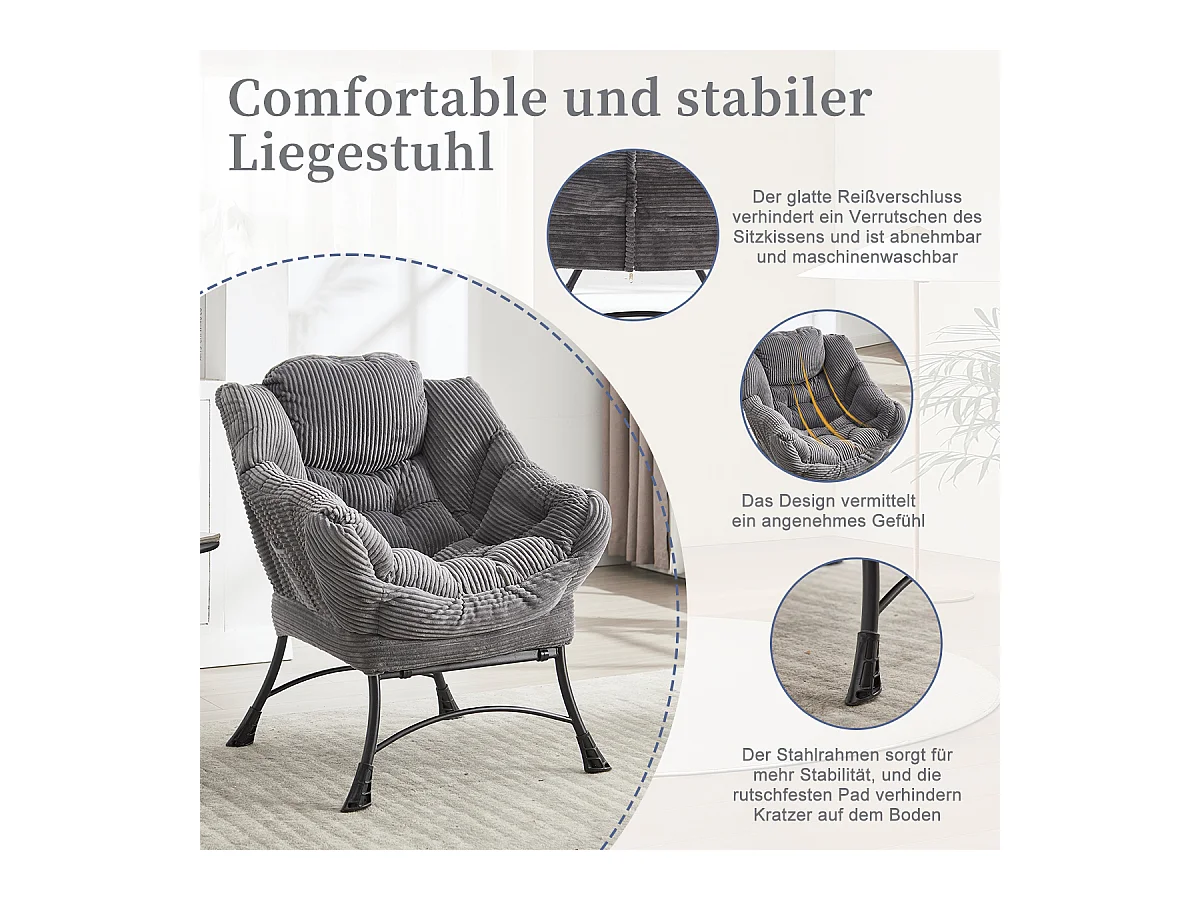 Fauteuil en velours côtelé gris anthracite - Repose-pieds pratique - Poche latérale pour téléphone - Style moelleux et spacieux - Parfait pour salon ou chambre