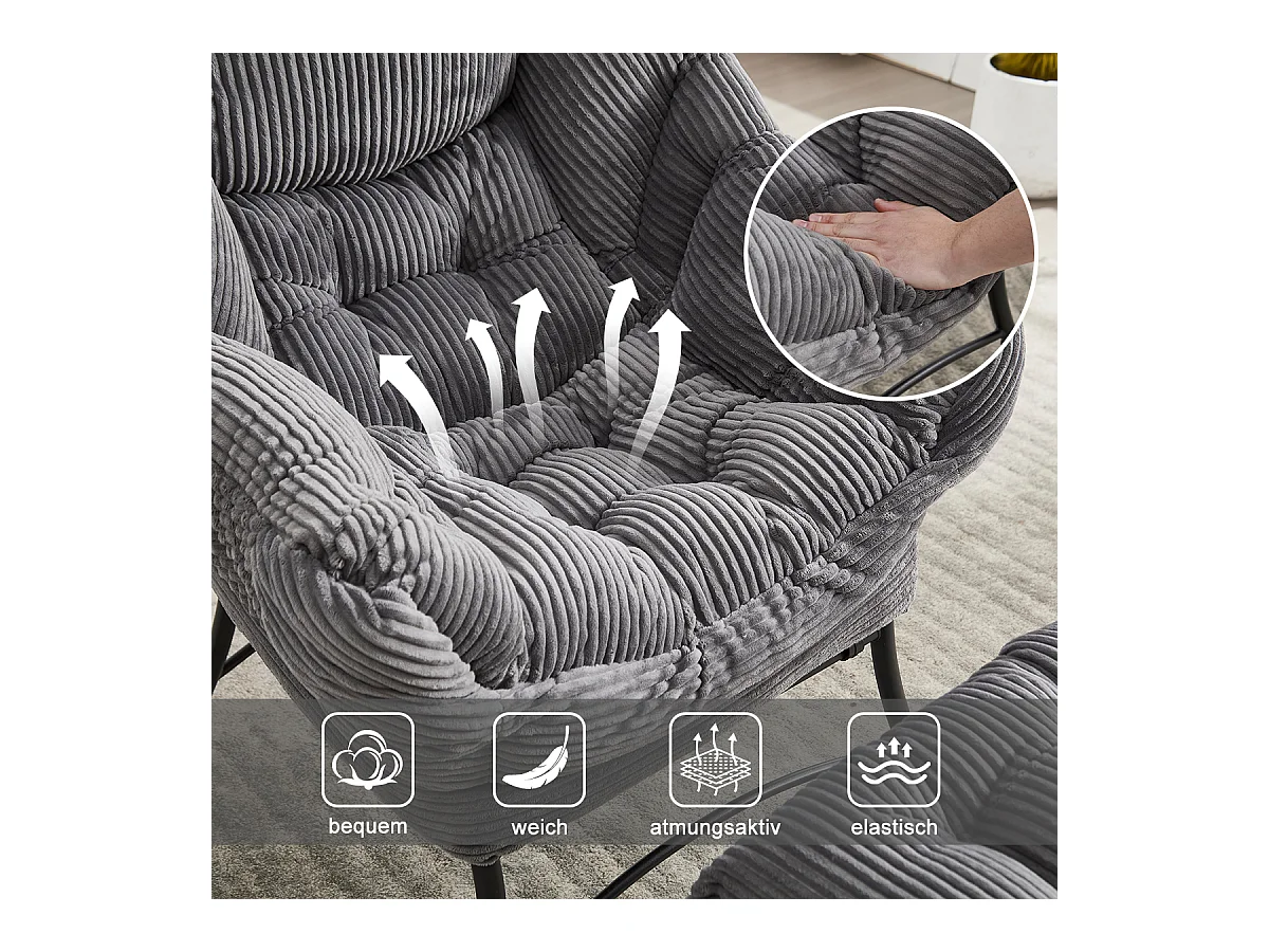 Fauteuil en velours côtelé gris anthracite - Repose-pieds pratique - Poche latérale pour téléphone - Style moelleux et spacieux - Parfait pour salon ou chambre