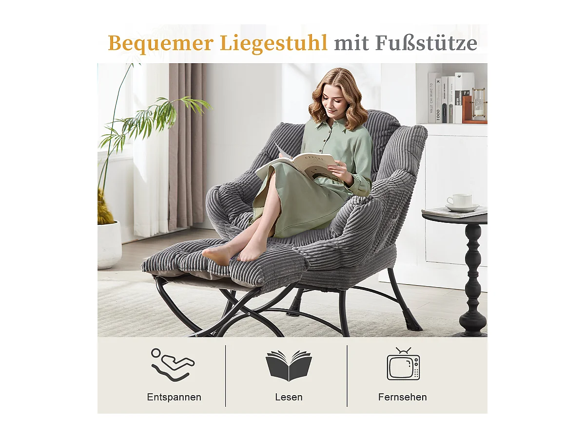 Fauteuil en velours côtelé gris anthracite - Repose-pieds pratique - Poche latérale pour téléphone - Style moelleux et spacieux - Parfait pour salon ou chambre