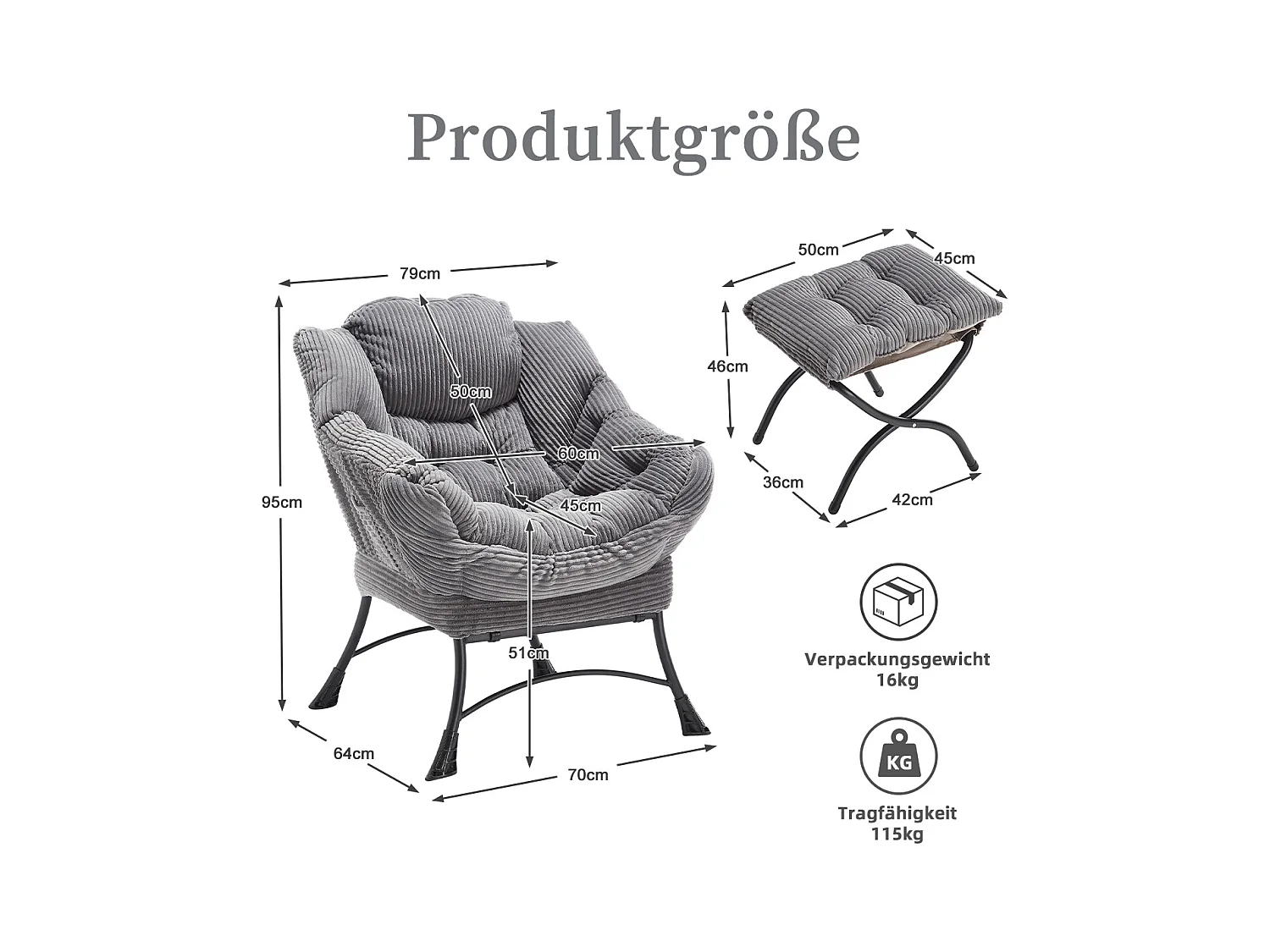 Fauteuil en velours côtelé gris anthracite - Repose-pieds pratique - Poche latérale pour téléphone - Style moelleux et spacieux - Parfait pour salon ou chambre