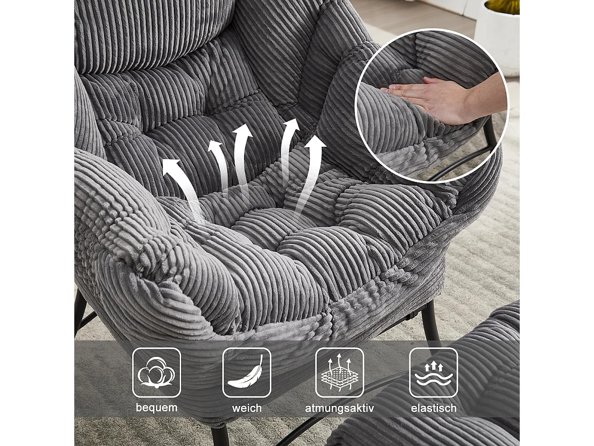 Fauteuil en velours côtelé gris anthracite - Repose-pieds pratique - Poche latérale pour téléphone - Style moelleux et spacieux - Parfait pour salon ou chambre