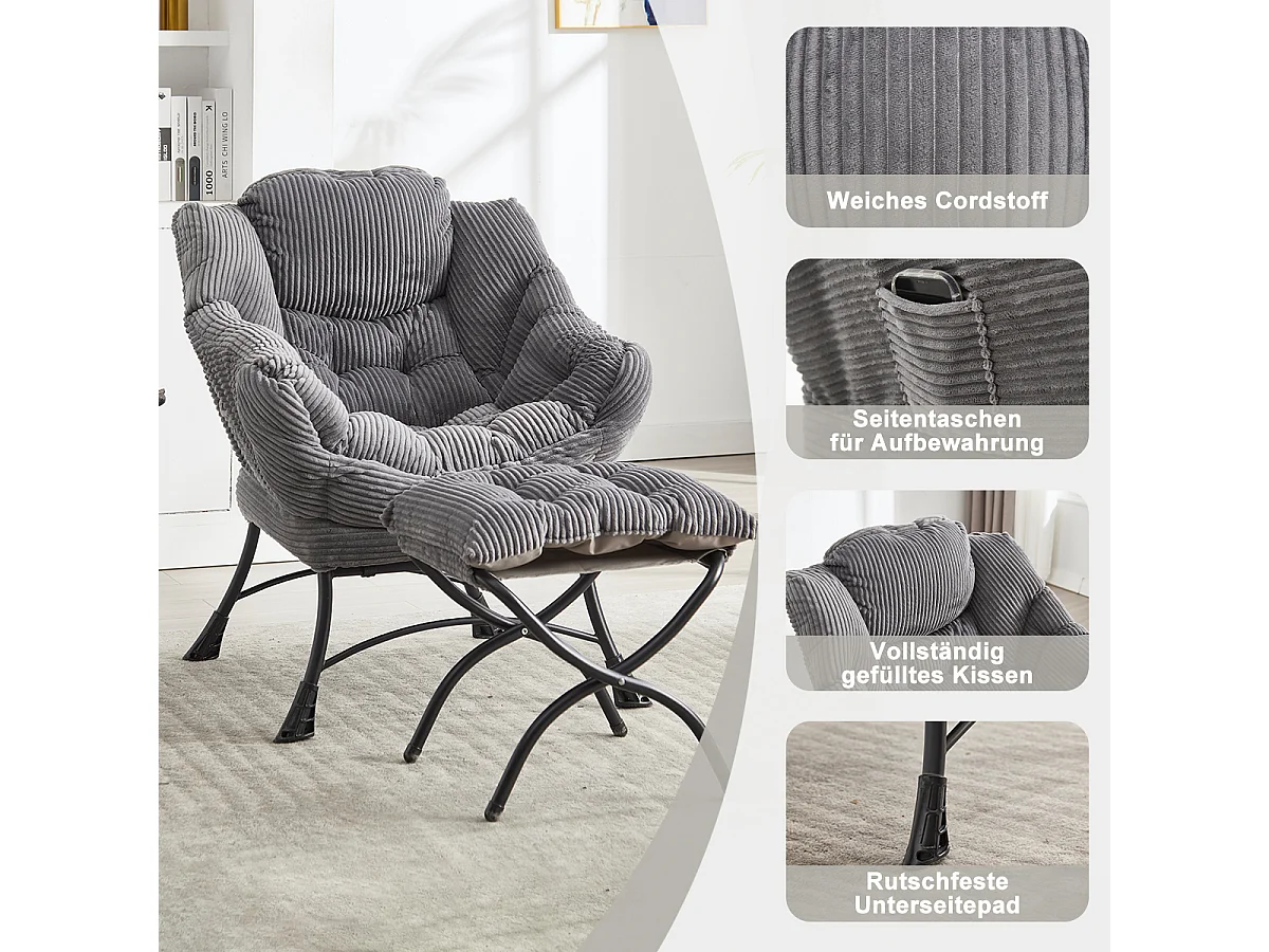 Fauteuil en velours côtelé gris anthracite - Repose-pieds pratique - Poche latérale pour téléphone - Style moelleux et spacieux - Parfait pour salon ou chambre