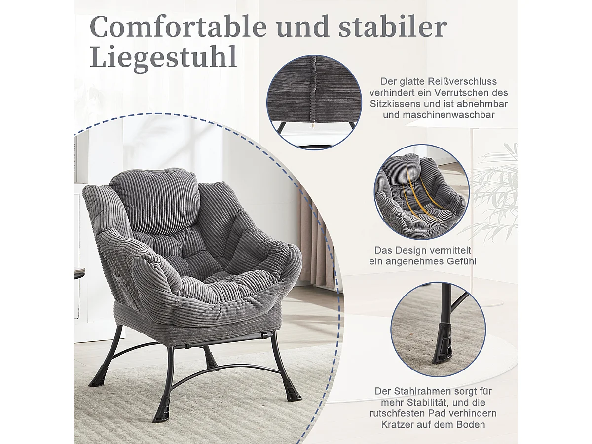 Fauteuil en velours côtelé gris anthracite - Repose-pieds pratique - Poche latérale pour téléphone - Style moelleux et spacieux - Parfait pour salon ou chambre