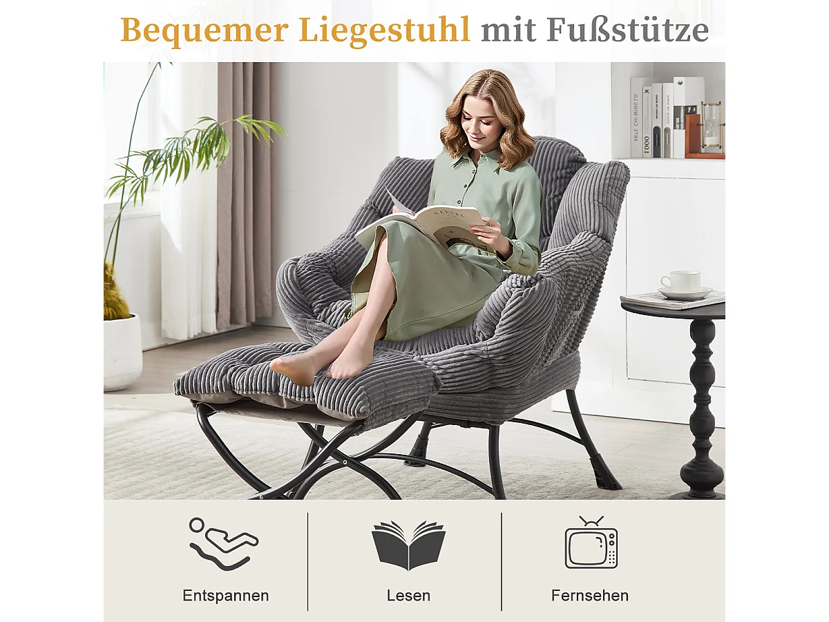 Fauteuil en velours côtelé gris anthracite - Repose-pieds pratique - Poche latérale pour téléphone - Style moelleux et spacieux - Parfait pour salon ou chambre