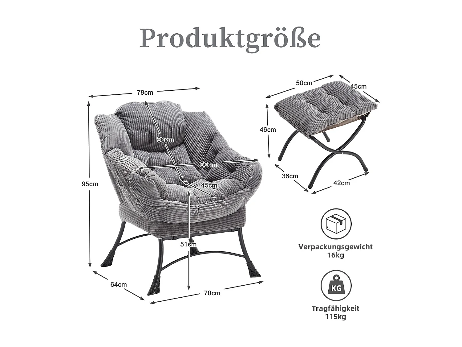 Fauteuil en velours côtelé gris anthracite - Repose-pieds pratique - Poche latérale pour téléphone - Style moelleux et spacieux - Parfait pour salon ou chambre