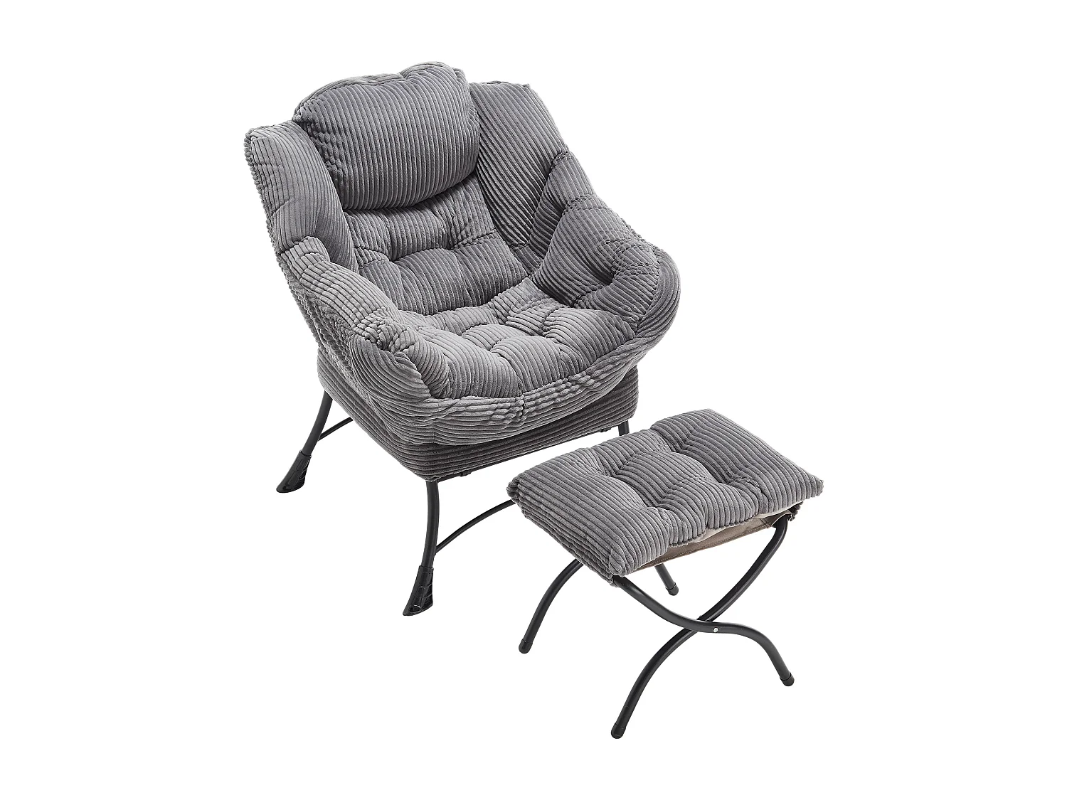 Fauteuil en velours côtelé gris anthracite - Repose-pieds pratique - Poche latérale pour téléphone - Style moelleux et spacieux - Parfait pour salon ou chambre