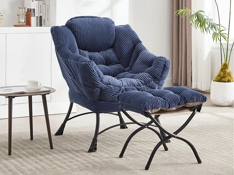 Fauteuil en velours côtelé bleu - Repose-pieds pratique - Poche latérale pour téléphone - Style moelleux et spacieux - Parfait pour salon ou chambre