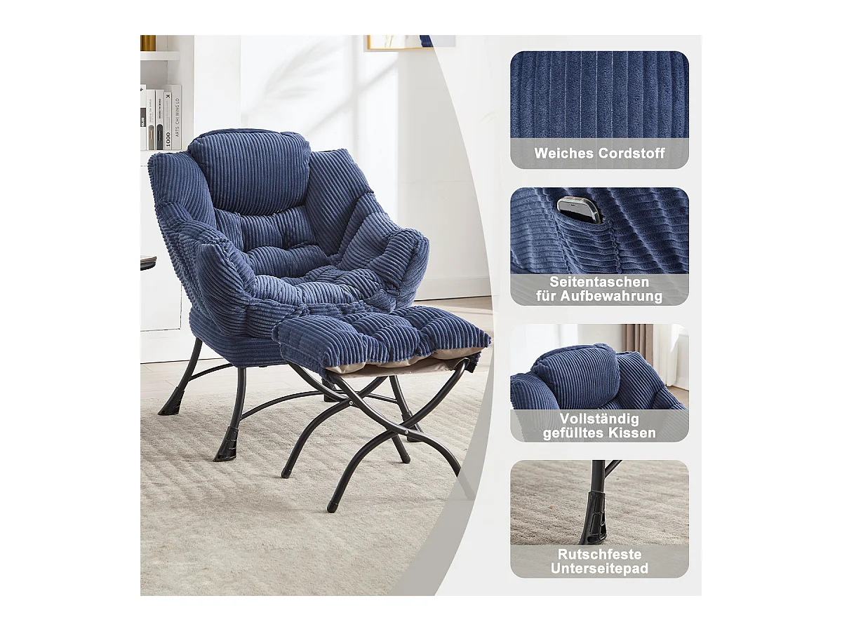 Fauteuil en velours côtelé bleu - Repose-pieds pratique - Poche latérale pour téléphone - Style moelleux et spacieux - Parfait pour salon ou chambre