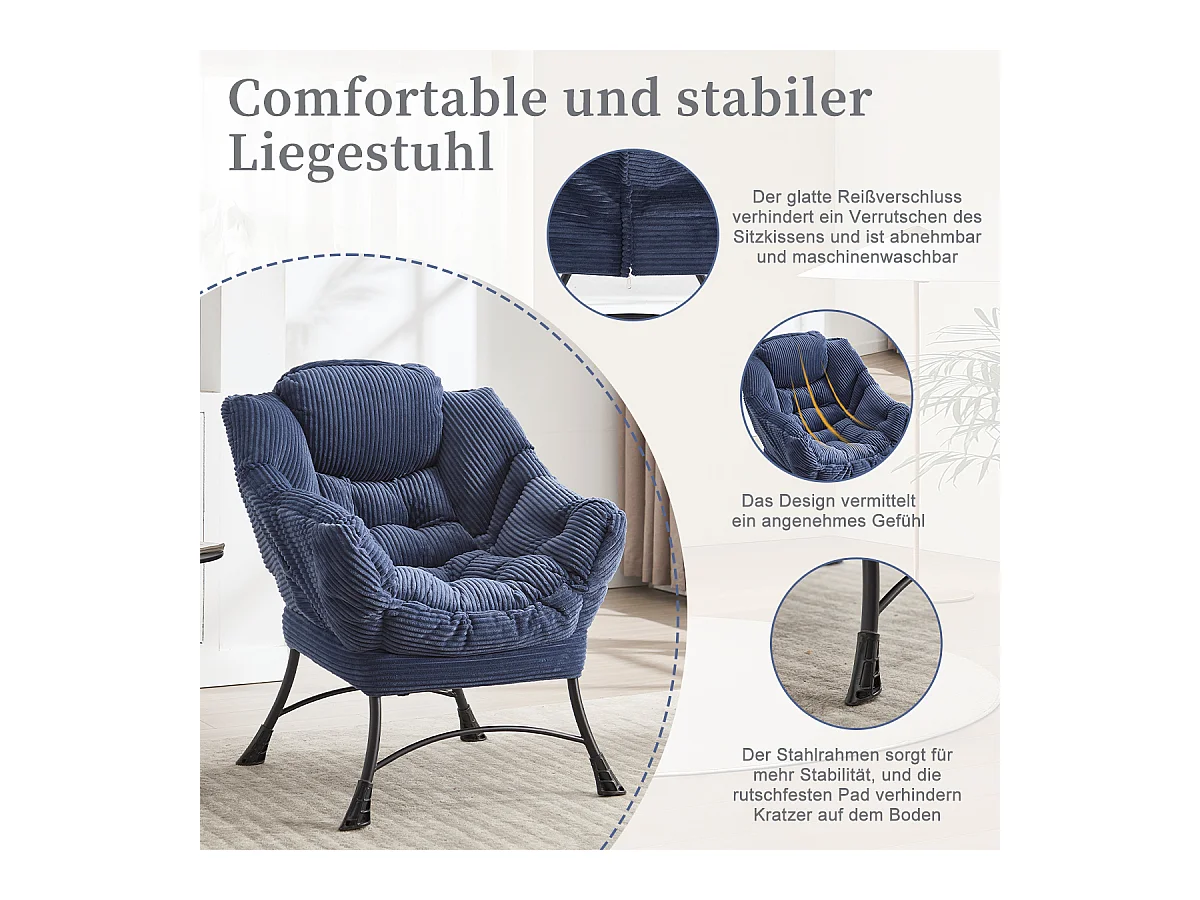 Fauteuil en velours côtelé bleu - Repose-pieds pratique - Poche latérale pour téléphone - Style moelleux et spacieux - Parfait pour salon ou chambre