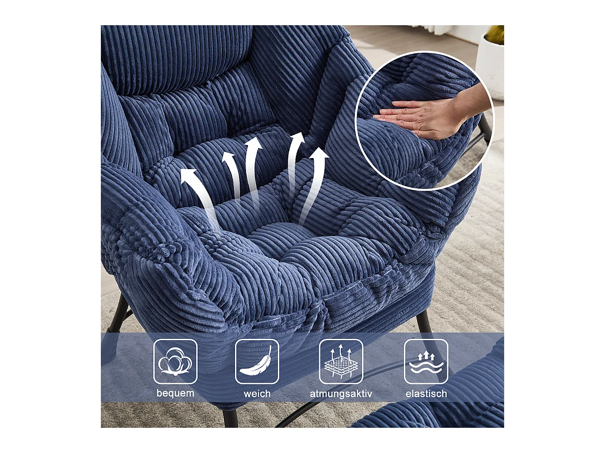 Fauteuil en velours côtelé bleu - Repose-pieds pratique - Poche latérale pour téléphone - Style moelleux et spacieux - Parfait pour salon ou chambre