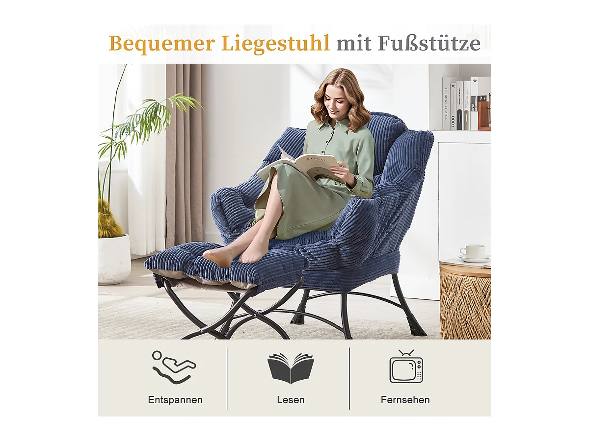 Fauteuil en velours côtelé bleu - Repose-pieds pratique - Poche latérale pour téléphone - Style moelleux et spacieux - Parfait pour salon ou chambre