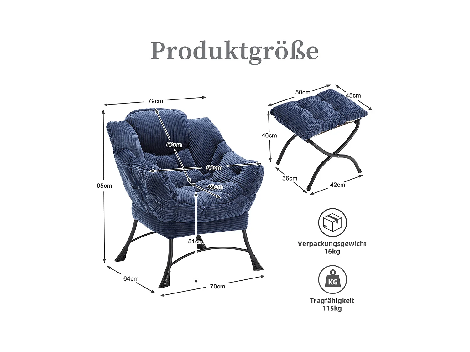 Fauteuil en velours côtelé bleu - Repose-pieds pratique - Poche latérale pour téléphone - Style moelleux et spacieux - Parfait pour salon ou chambre