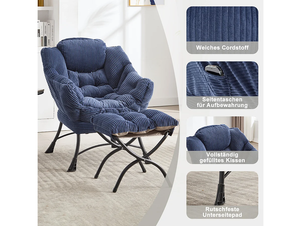 Fauteuil en velours côtelé bleu - Repose-pieds pratique - Poche latérale pour téléphone - Style moelleux et spacieux - Parfait pour salon ou chambre