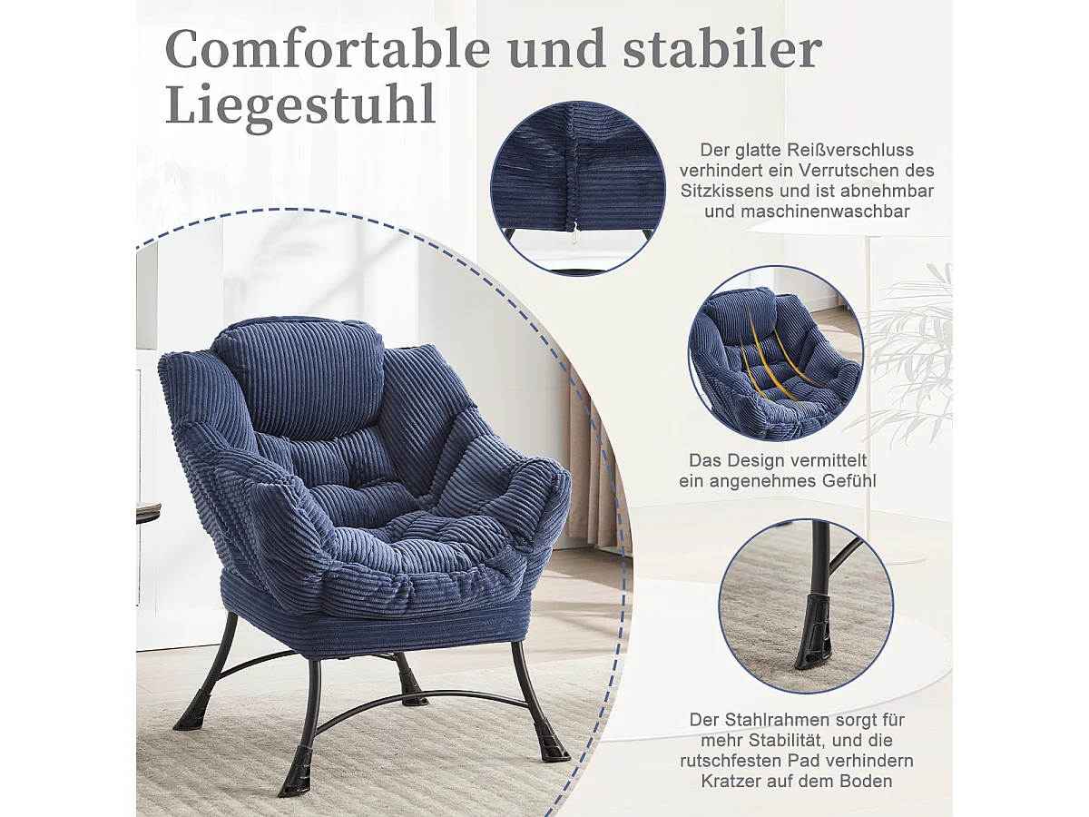 Fauteuil en velours côtelé bleu - Repose-pieds pratique - Poche latérale pour téléphone - Style moelleux et spacieux - Parfait pour salon ou chambre
